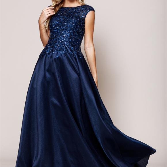 Sequined Bodice A-Line Navy Dress AC261